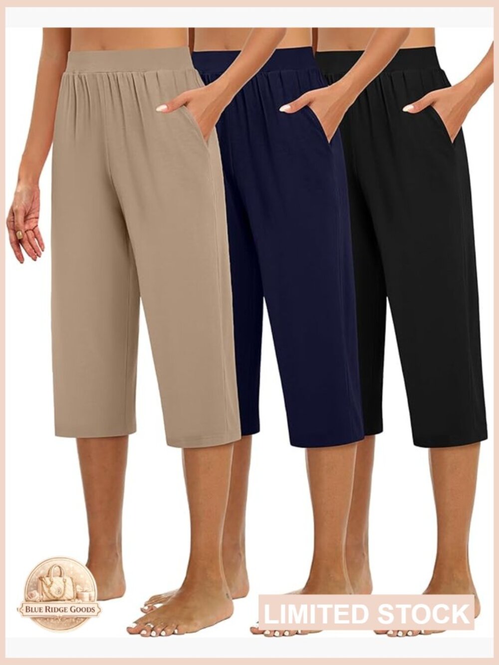 3 Pack Womens Capri Sweatpants Wide Leg Cropped with Pockets Lounge Jogger Yoga